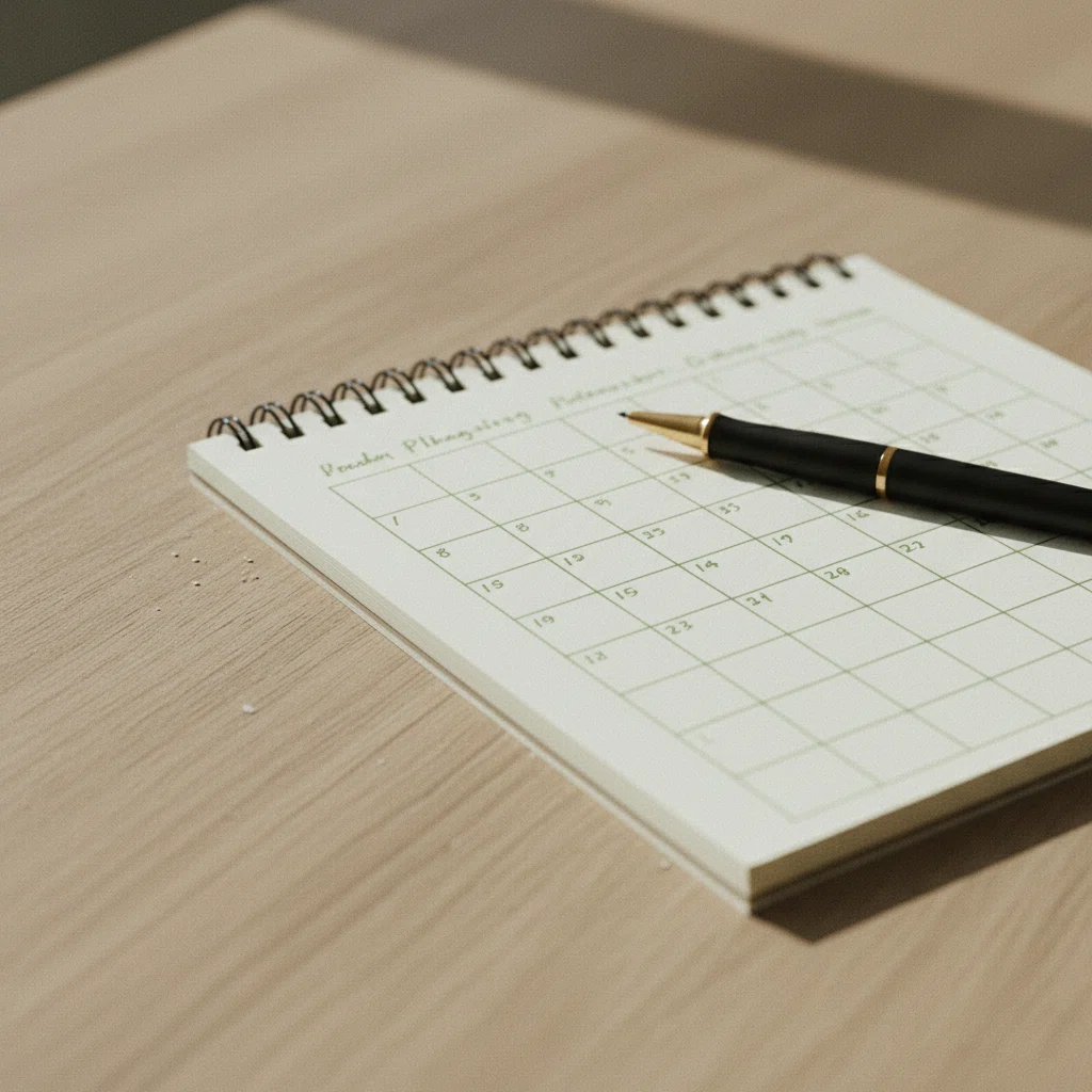 Geöffnetes Notizbuch mit Stift auf einem Holztisch - Planung einer täglichen Routine