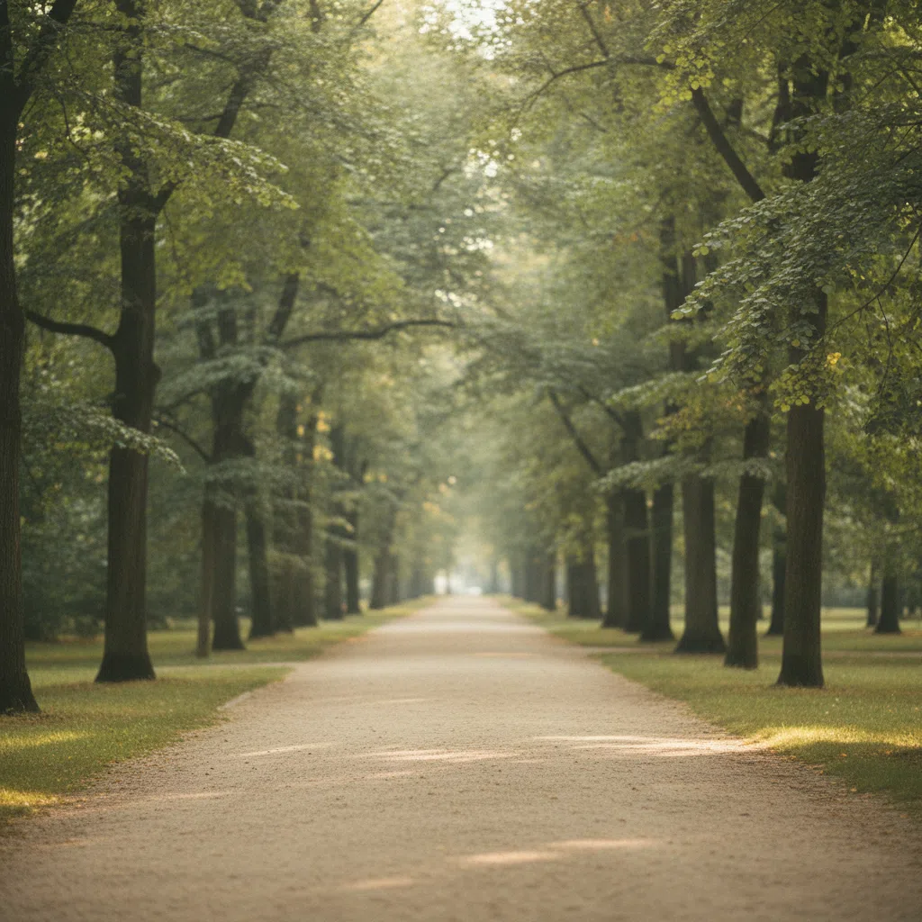 Ruhiger Stadtpark in München mit beleuchtetem Weg und Bäumen im Morgengrauen